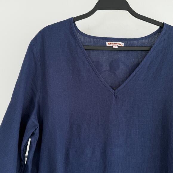 100% Linen Dress Medium Navy Ruffle Lagenlook Coastal Pockets Flowy Minimalist - Picture 4 of 9